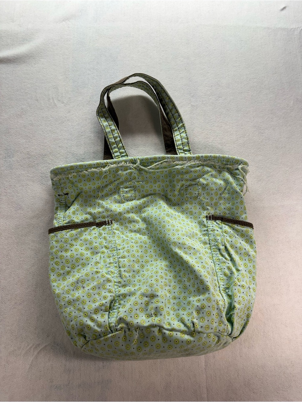 Thirty-One Quilted Tote Bag Mint Green Floral Print Brown Trim Organizer Purse - Picture 3 of 9